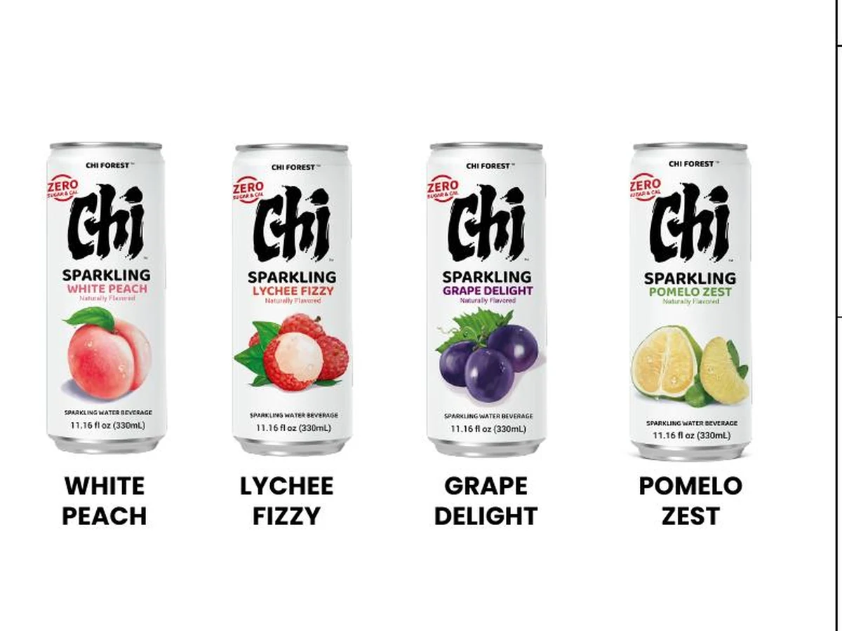 Chi Forest 330 millilitre sparkling water cans in White Peach, Lychee Fizzy, Grape Delight and Pomelo Zest